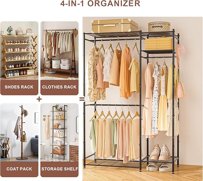 Portable Closets for Hanging Clothes, Freestanding Clothing Rack with 3 Hang Rods & 5 Shelves, Metal Wardrobe Garment Rack for Bedrooms Entrances