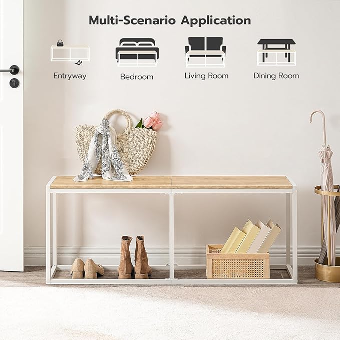 HOOBRO Dining Bench, 47.2 Inch Industrial Style Kitchen Table Bench, Steel Frame, Easy to Assemble, for Kitchen, Dining Room, White and Natural WN12CD01