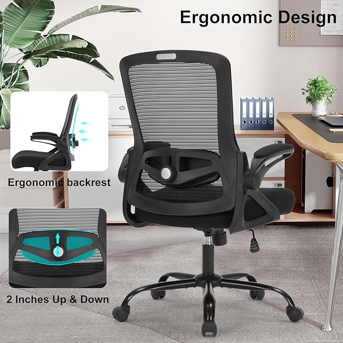 Office Chair, Ergonomic Desk Chair with Adjustable Height, Lumbar Support, High Back Mesh Support with Flip up Armrests, Task Chairs for Home Office Computer (Black-23-1)