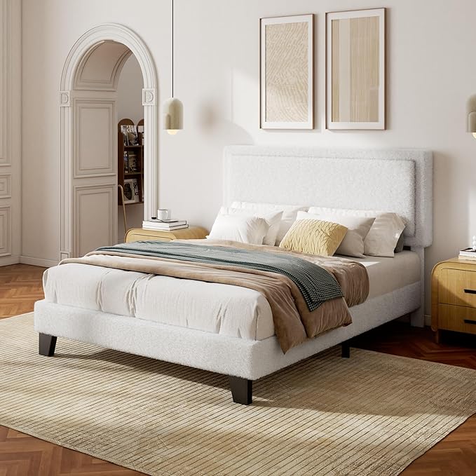 Queen Bed Frame, Boucle Platform Bed with Adjustable Upholstered Headboard, No Box Spring Needed, Easy Assembly, White