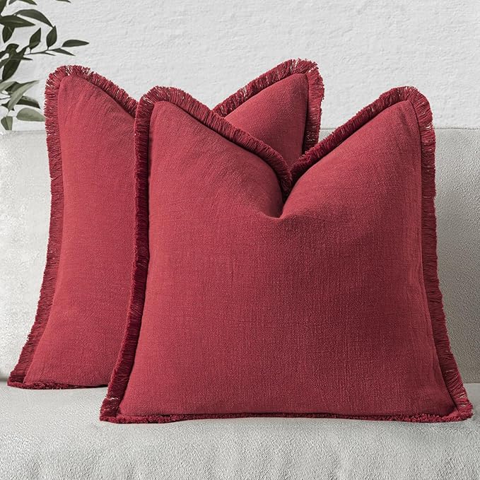 MIULEE Decorative Throw Pillow Covers Neutral Linen Fringe Throw Pillows Euro Shams Set of 2 Burgundy Boho Farmhouse Cushion Covers for Couch Sofa Bed Living Room Spring Home Decor 24x24 Inch