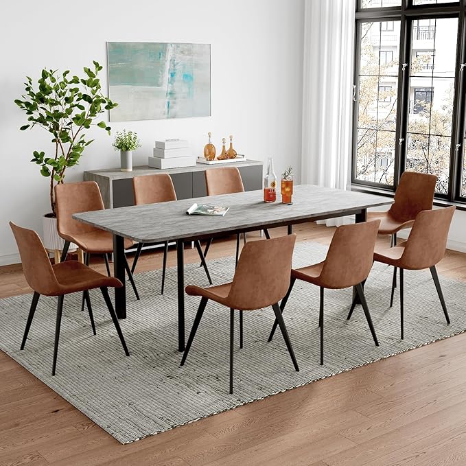 63"- 78.7" Extendable Dining Table Set for 8, Modern Kitchen Table with 8 PU Leather Chairs, Thickened Expandable MDF Wooden Table with Metal Legs for Dining Room, Kitchen, Office