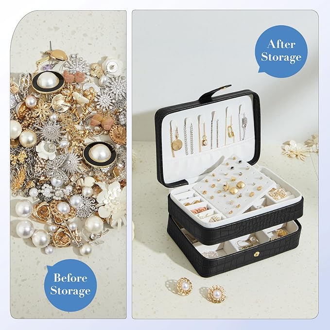 PU Leather Small Jewelry Box for Women Girls, Double Layers Travel Portable Jewelry Case for Ring, Pendant, Earring, Necklace, Bracelet Organizer Storage Holder Boxes, Black