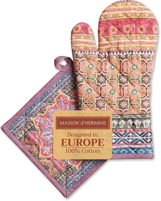 Maison d' Hermine 100% Cotton Oven Mitt & Pot Holder Set (7.5"x13" & 8"x8") Heat Resistant BBQ Cooking Gloves with Loop for Thanksgiving Christmas Decorations Handling Hot Pans (Ispahan)