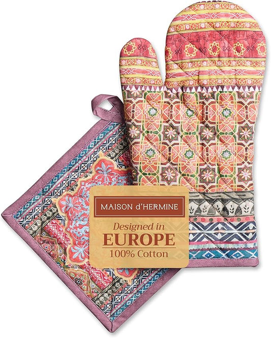 Maison d' Hermine 100% Cotton Oven Mitt & Pot Holder Set (7.5"x13" & 8"x8") Heat Resistant BBQ Cooking Gloves with Loop for Thanksgiving Christmas Decorations Handling Hot Pans (Ispahan)