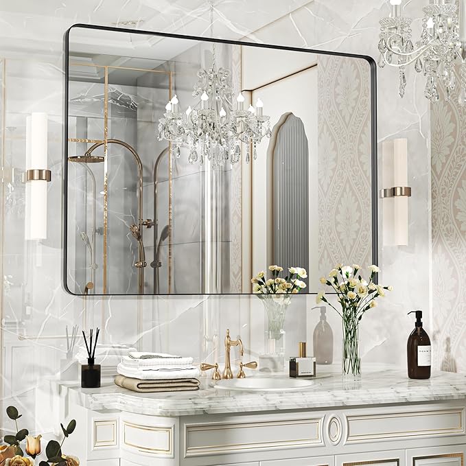 48×36 Black Bathroom Mirror, Rectangular Bathroom Vanity Mirror for Wall with Rounded Corners & Aluminum Alloy Frame, Tempered-Glass, Modern, Farmhouse, Horizontal/Vertical, Entryway, Bedroom