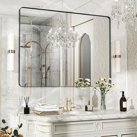 48×36 Black Bathroom Mirror, Rectangular Bathroom Vanity Mirror for Wall with Rounded Corners & Aluminum Alloy Frame, Tempered-Glass, Modern, Farmhouse, Horizontal/Vertical, Entryway, Bedroom