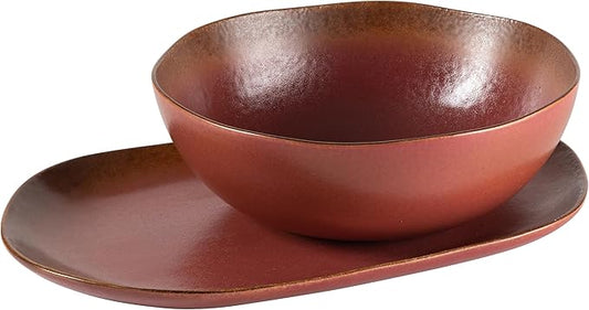 Bloomhouse Palermo Sun 2 Piece Serving Bowl and Oval Platter Stoneware Reactive Glaze Serveware Set - Paprika Red