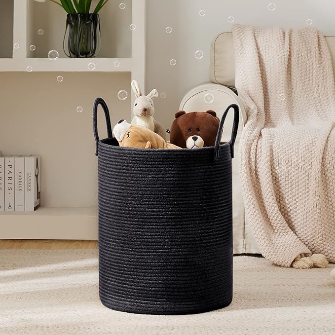 Woven Rope Laundry Hamper Basket, 72L Tall Luandry Basket, Baby Nursery Hamper for Blanket Storage in Bedroom-Large- Black