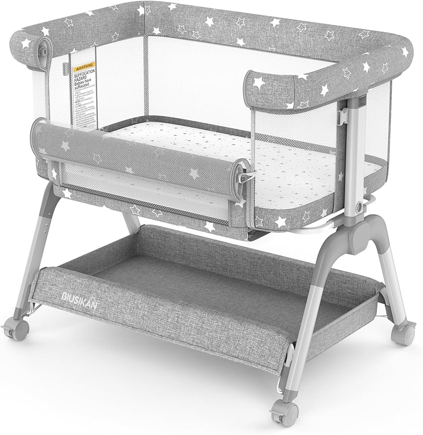Bassinet Bedside Sleeper, Baby Crib with Mattress and Adjustable Height & Upgraded Wheels, All Mesh Portable Bassinet for Co-Sleeping, Baby Bed for Newborn