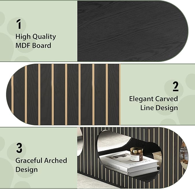 31.5" Square Coffee Table with Storage, Mid-Century Modern Center Table with Arched Cutouts and Carved Lines, 2-Tier Tea Table for Living Room, Cat-Friendly Base (Black)