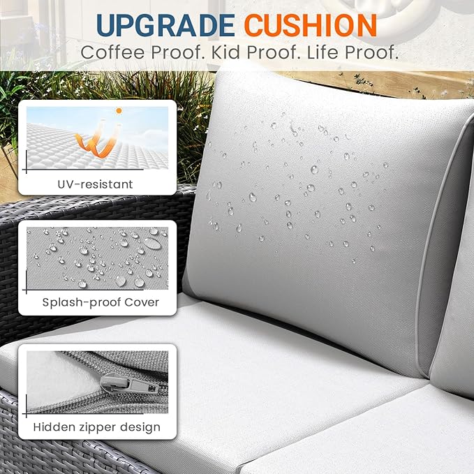 Wisteria Lane 4 Piece Patio Furniture Set, Wicker Outdoor Patio Conversation Furniture Set, All Weather Outdoor Patio Sofa with Cushion and Glass Table, Light Gray