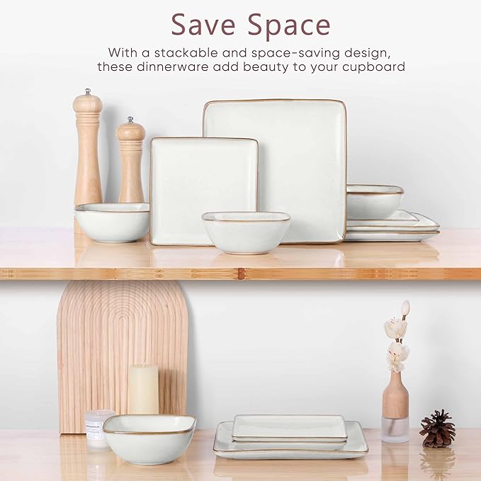 Herogo 12 Pieces Square Stoneware Dinnerware Dishes Set for 4, Handmade Dining Plates and Bowls Sets, Double Reactive Glaze, Microwave & Dishwasher Safe, Scratch Resistant, Ivory White