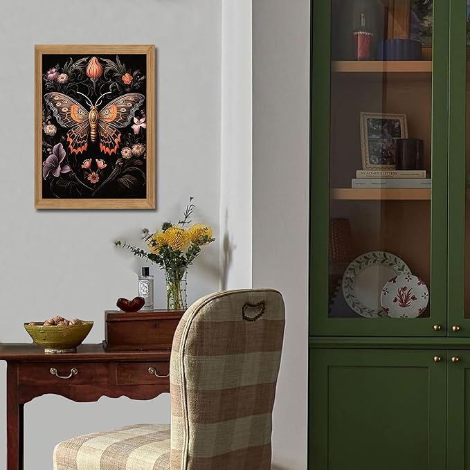 Framed Vintage 3D Textured Wall Art - Gothic Butterfly Wall Decor - Hand Drawn Sandstone Nature Botanical Pictures for Living Room Bedroom Home Decor 12x16in