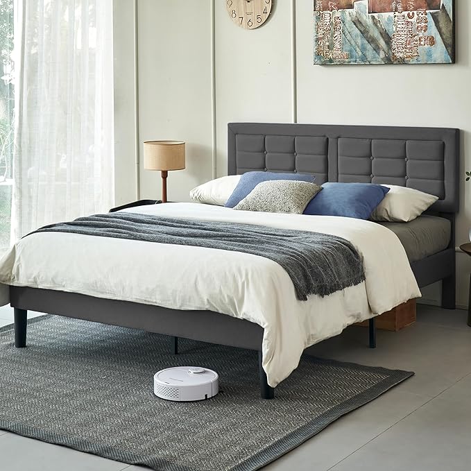 VECELO Queen Size Bed Frame with Adjustable Headboard, Upholstered Button Tufted Platform Bedframe with Wood Slats Support, No Box Spring Needed, Linen Fabric & Grey