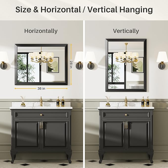 20x28 Inch Black Bathroom Mirror for Wall, Thick Metal Framed Rectangle Mirrors for Over Sink, Bedroom, Living Room, Entryway, Anti-Rust, HD Tempered Glass