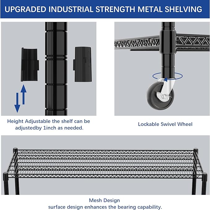 REGILLER 4-Wire Shelf Adjustable Heavy Duty Storage Shelves, Metal Organizer Wire Rack for Laundry Bathroom Kitchen Pantry Closet Garage Shelving with Wheel(Black,24" Dx59.6 Wx72.2 H)