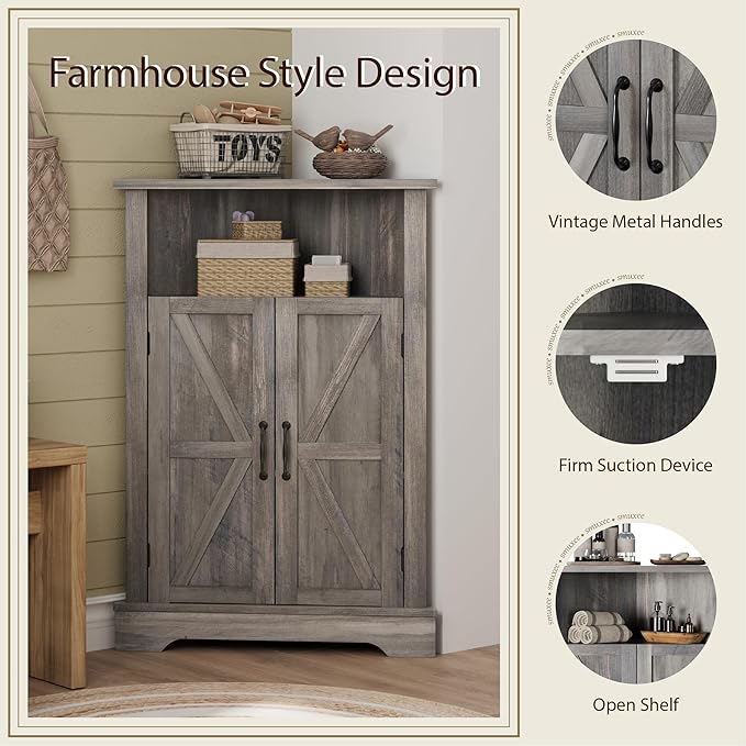 Smuxee Bathroom Corner Storage Cabinet, Farmhouse Floor Corner Cabinet with Barn Door and Adjustable Shelf, Wash Grey Narrow Cabinet Organizer for Bathroom, Living Room, Kitchen