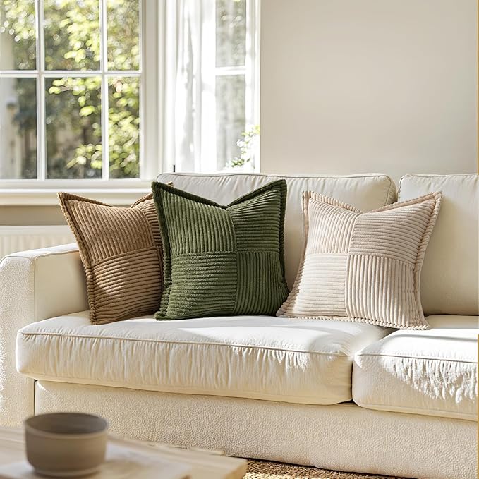 MIULEE Olive Green Corduroy Decorative Euro Sham Pillow Covers 24x24 Inch with Splicing Set of 2 Soft Boho Pillow Covers Broadside Textured Summer Pillowcases for Couch Bed Livingroom