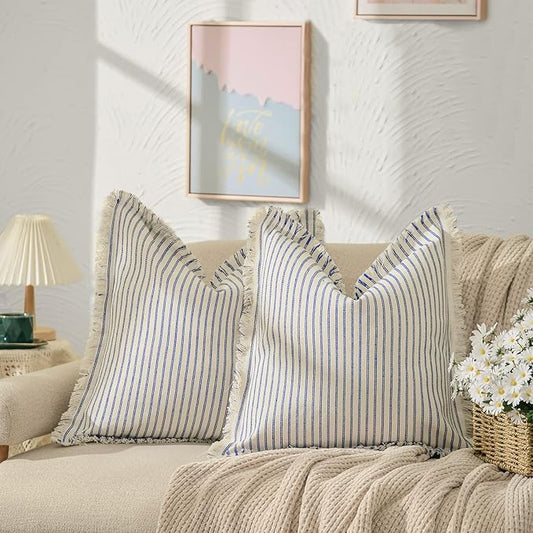 ZWJD Throw Pillow Covers 16x16 Set of 2 Striped Pillow Covers with Fringe Chic Cotton Decorative Pillows Square Cushion Covers for Sofa Couch Bed Living Room Farmhouse Decor