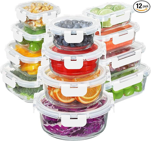 BAYZZ 24 Piece Glass Food Storage Containers with Lids, Airtight Glass Meal Prep Containers for Kitchen, BPA-Free Lunch Box, Microwave and Freezer Safe,White