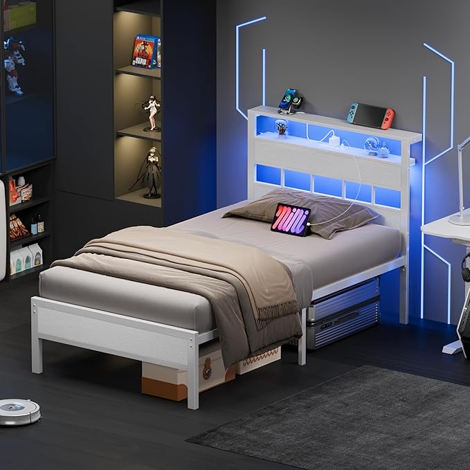 Furnulem Twin Bed Frames with Charging Station and LED Lights, Twin Size Platform Bed with Metal Slats, Wood Headboard with 2-Tier Storage Shelves, No Box Spring Needed, White