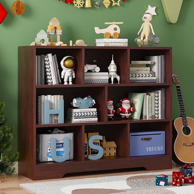 Book Shelf for Kids, 8 Cubes Storage Organizer Montessori Shelf, 3-Tier Wooden Kids Bookcase, Toy Storage Organizer for Children, Cherry Toddler Bookshelf Cube Shelf for Kid’s Room, Classroom