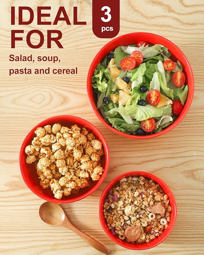 Hasense Mixing Bowls of 3, Porcelain Ribbed Bowls 1.5/1/0.5 Qt For Kitchen, Cooking, Baking and Serving Prep Bowls for Salad, Pasta, Modern Kitchen Dish Dishwasher & Microwave Safe, Red