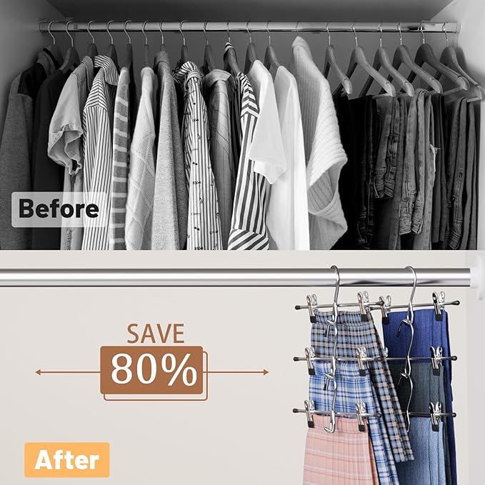 Pants Hangers Space Saving,Stackable Skirt Hangers with Clips, Hanging Closet Organizer and Storage,Clothes Hangers, College Dorm Essentials Apartment Essentials- 24 Pack