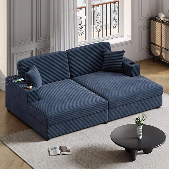 Merax 86.5" W*62" L Oversized Sleeper Sofa Bed, Corduroy Upholstery Sectional Couch Loveseat Chaise Lounge with 2 Throw Pillows, USB Ports, Cup Holders for Living Room and Bedroom, Blue