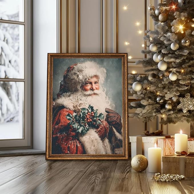 TracyArt Vintage Christmas Decor, Santa Claus with Sprig of Holly Artwork - Christmas Decorations, Unframed 13" x 17"