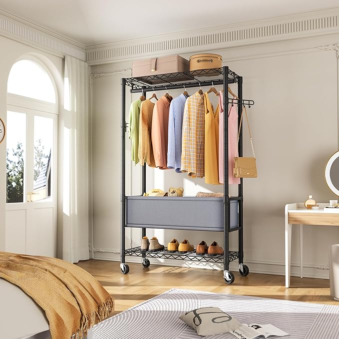 Clothes Rack,Heavy Duty Garment Rack 3 Tier Adjustable With Removable Clothe Basket,Wheels Free Standing Rolling Wire Shelving Clothing Racks for Hanging Clothes Metal Portable Closet