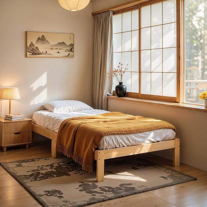 Hokway Wood Twin Bed Frames- No Wobble,Noise-Free,Easy Assembly with Precise Holes,12 in Wood Slat Support,No Box Spring Needed,Natural