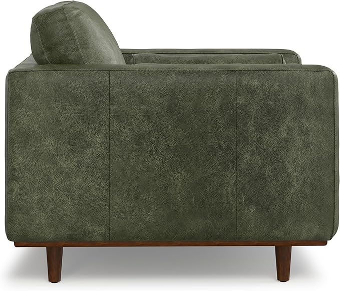 SIMPLIHOME Morrison Accent Chair - 43 inch Wide Upholstered Top Grain Genuine Leather Mid-Century Modern Arm Chair with Solid Wood Frame in Moss Green, for Living Room with 2 Bolster Pillows