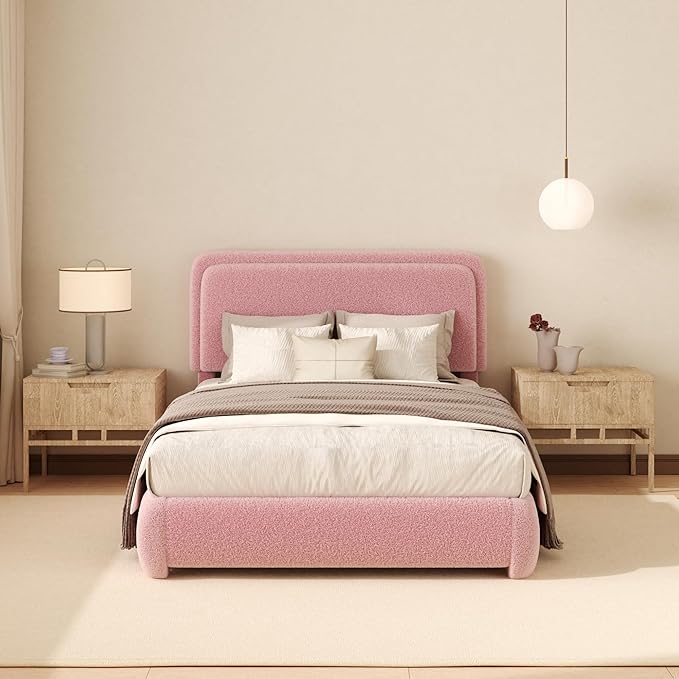 Twin Boucle Platform Bed Frame with Height Adjustable Headboard, Modern Upholstered Cloud Bed, Sleek Curved Design, No Box Spring Needed, Easy Assembly, Noise Free, Pink