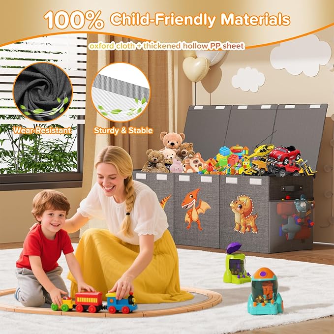 Extra Large Toy Box Chest, Collapsible Sturdy Toy Storage Organizer Boxes Bins Baskets Dinosaur Kids Toy Chest Bin with Lids for Boys Girls Living Room Playroom Bedroom Nursery 41"x14"x16" Gray