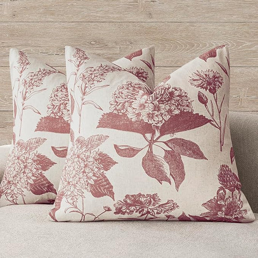 Foindtower Set of 2 Linen Floral Vintage Throw Pillow Covers Neutral Accent Decorative Cushion Covers Farmhouse Boho Home Decor for Sofa Chair Couch Bedroom Living Room Outdoor,20×20 Inch,Dark Pink