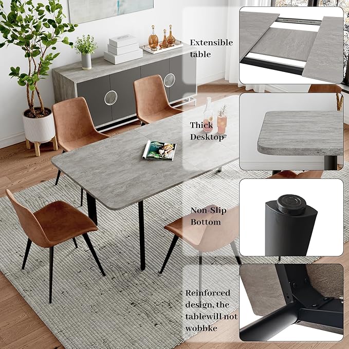 63"- 78.7" Extendable Dining Table Set for 8, Modern Kitchen Table with 8 PU Leather Chairs, Thickened Expandable MDF Wooden Table with Metal Legs for Dining Room, Kitchen, Office