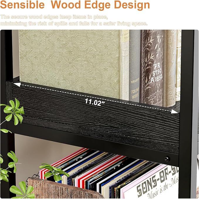 KOUSEI 6-Tier L-Shaped Reversible Corner Bookshelf, 69" Black Industrial Wood & Metal Bookcase, Wide Open Shelves + 4 Hooks for Living Room/Bedroom/Home Office