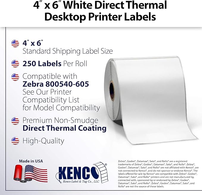 4" X 6" Direct Thermal Perforated Stickers Labels for Shipping Labels, Inventory, and Color Coding - Compatible with Zebra, Rollo, Godex and More (White, 6 Rolls)