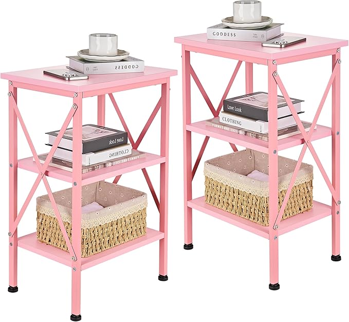 VECELO End Table Set of 2, Bedside Table, 24" Tall Living Room End Tables, X-Design Reinforced Nightstands, Side Table with 3-Tier Storage Shelves for Small Spaces, Office, Bedroom, Pink