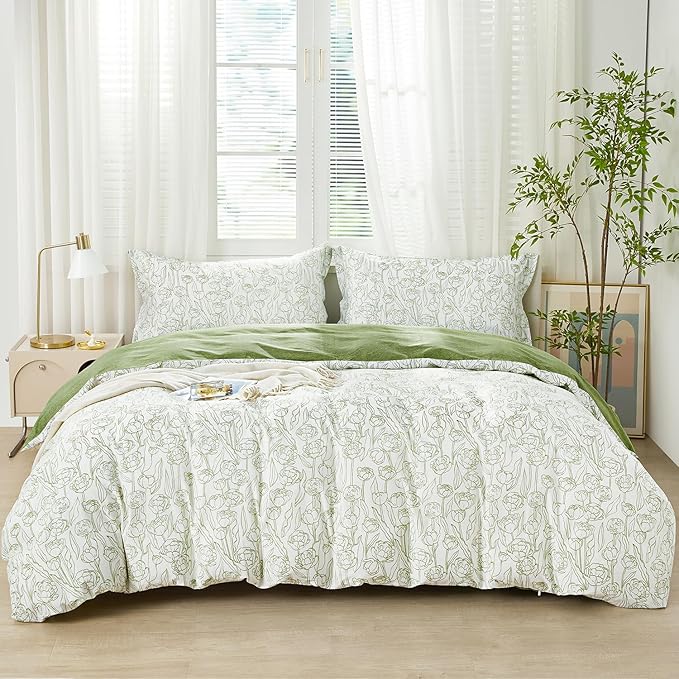 SAPHREAS Sage Green Floral Duvet Cover Set Queen Size 3pcs Blossom White Botanical Bedding Comforter Cover Set 100% Cotton 1 Duvet Cover 90"x90" 2 Pillow Shams, Comforter Not Included
