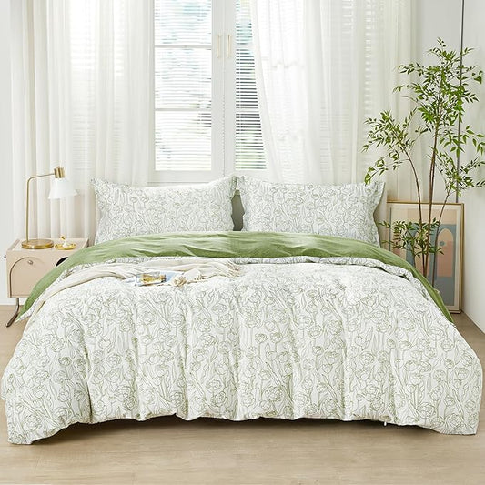 SAPHREAS Sage Green Floral Duvet Cover Set Queen Size 3pcs Blossom White Botanical Bedding Comforter Cover Set 100% Cotton 1 Duvet Cover 90"x90" 2 Pillow Shams, Comforter Not Included