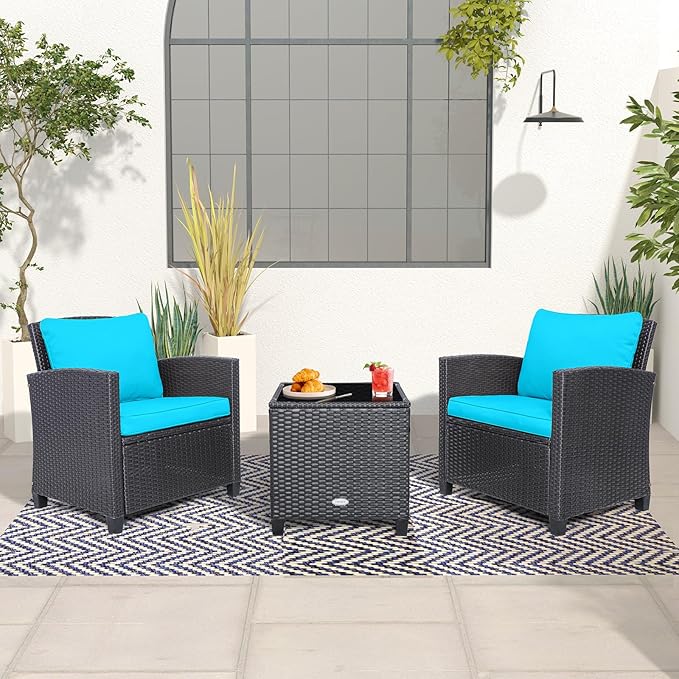 Tangkula 3 Pieces Patio Furniture Set, PE Rattan Wicker 3 Pcs Outdoor Sofa Set w/Washable Cushion and Tempered Glass Tabletop, Conversation Furniture for Garden Poolside Balcony (Beige/Turquoise)