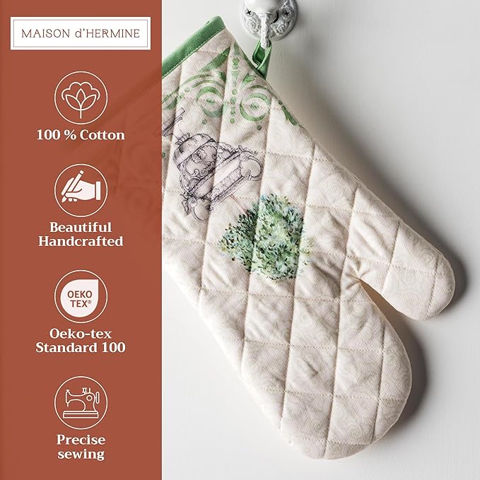 Maison d' Hermine Oven Gloves 100% Cotton Oven Mitt 7" x 13" with Loop Heat Resistant, BBQ, Cooking Gloves, Baking, Grilling, Kitchen, Handling Hot Pans Spring/Summer (Pack of 1, Jardin Du Roy)