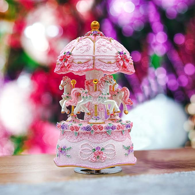 Carousel Music Box，Luxury Color Change LED Light Music Box,Luminous Rotating 3-Horse Musical Box with Gift Box for Girls Birthday Valentine Gift (You are My Sunshine, Pink)