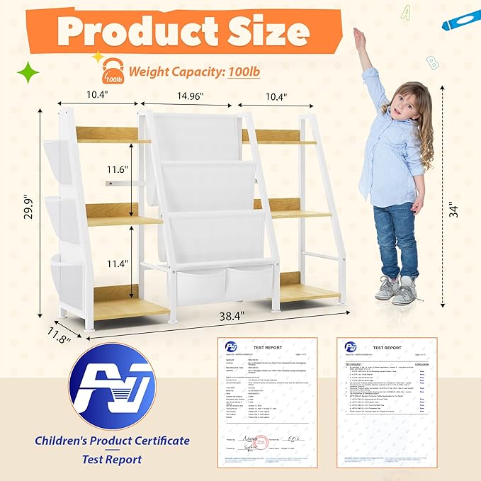 Kids Bookshelf and Toy Organizer: 3-Tier Book Shelf for Kids Room, Sling Book Shelf Toddler Montessori Bookcase with Toy Storage for Nursery, Bedroom, Playroom (Burlywood)