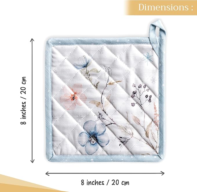 Maison d' Hermine Pot Holders 100% Cotton Heat Resistant Potholders 8" x 8" Hot Pads with Loop for Thanksgiving Christmas Decorations BBQ Cooking Baking Handling Hot Pans (Pack of 1, Ice Florals)