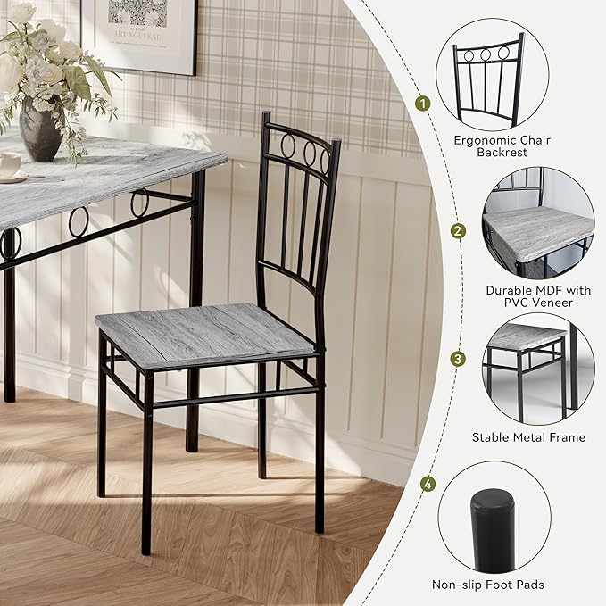 5 Piece Dining Table Set, Wood Kitchen Table and Chairs for Small Space,Breakfast Nook,Easy Assembly,Grey