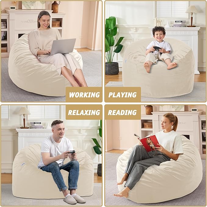 3FT Bean Bag Chair with Ultra Soft Velvet Cover Bean Bag Sofa with Memory Foam Bean Bag Chairs with Large Size Lazy Sofa for Dorm Office Living Room Bedroom Khaki 3'